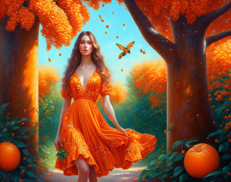 Woman in Orange Dress Surrounded by Autumn Trees and Butterfly