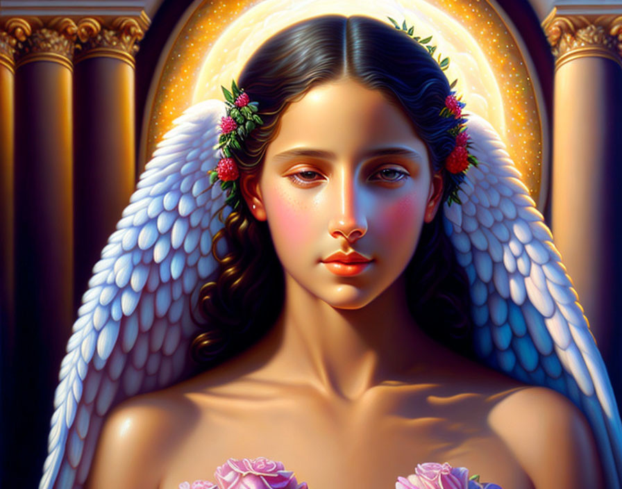 Serene angelic figure with large white wings in golden glow