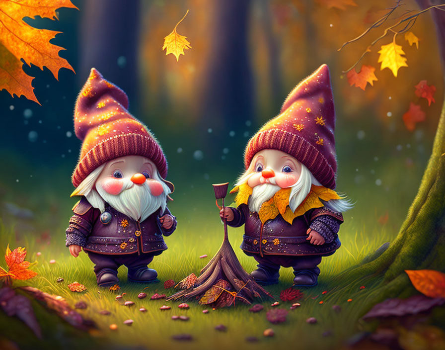 Colorful Autumn Forest Scene with Animated Gnomes