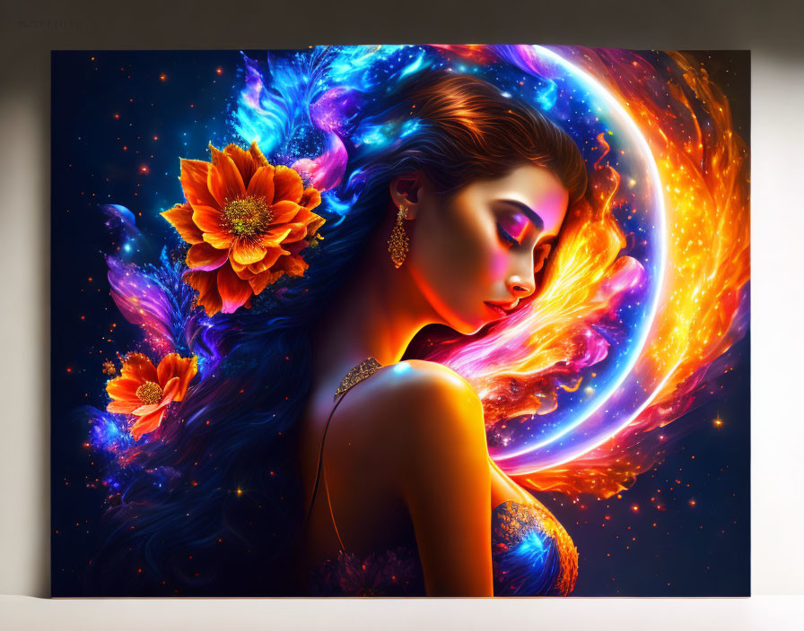 Digital artwork: Woman with blue hair and floral adornments in cosmic galaxy setting