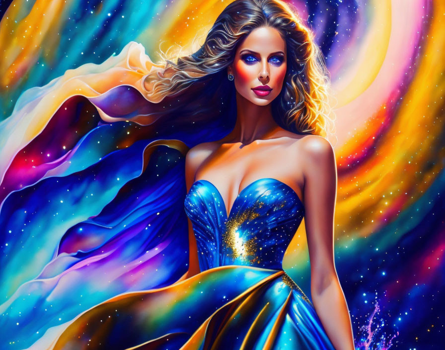 Colorful digital painting of woman in cosmic setting