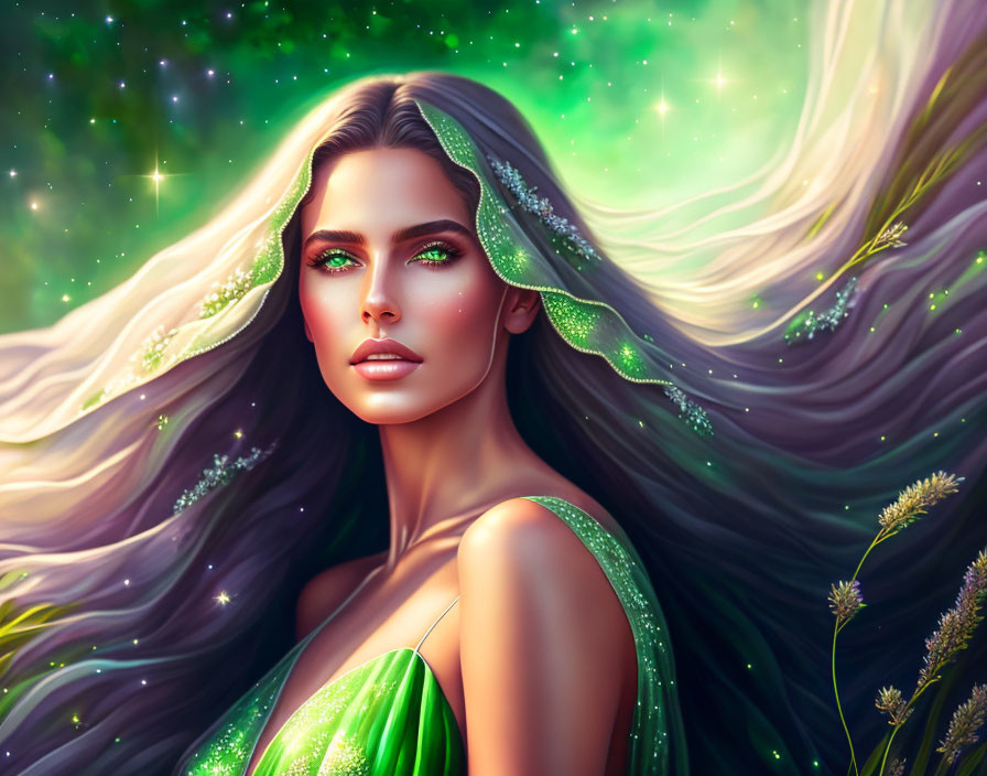 Digital illustration of woman with flowing hair in green dress against magical backdrop