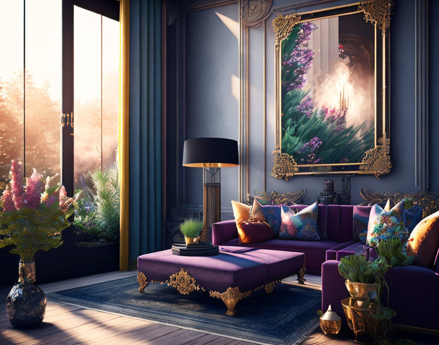 Elegant purple sofa, gold-framed mirror, plush pillows, and forest view in luxurious room