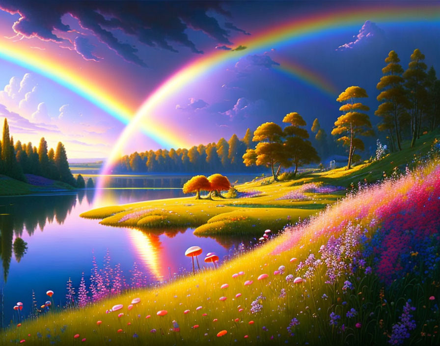 Double rainbow over tranquil lake in vibrant landscape