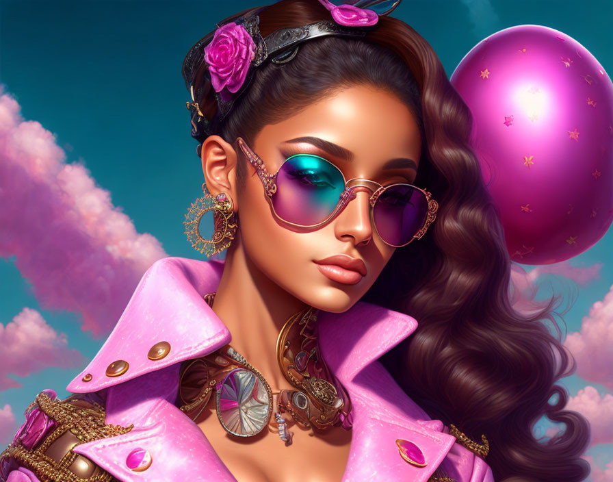 Woman with wavy hair in pink sunglasses and jacket, holding pink balloon against blue sky