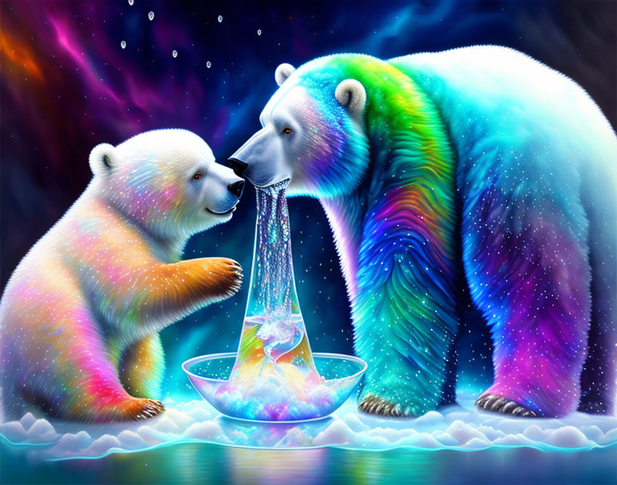 Vibrantly colored polar bears with cosmic background and luminous substance.