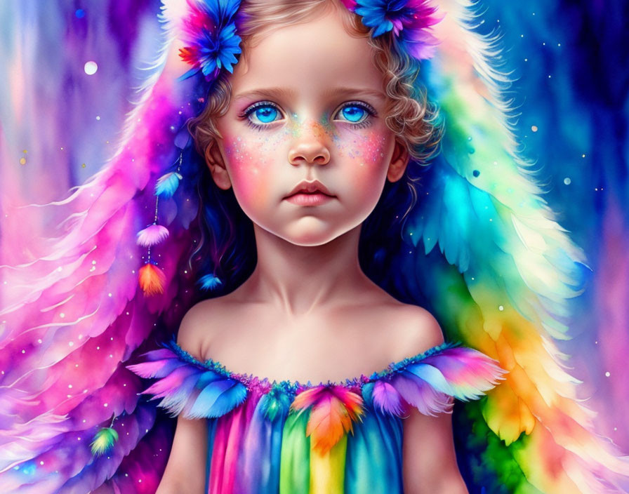 Colorful digital portrait of young girl with feathered hair and rainbow dress