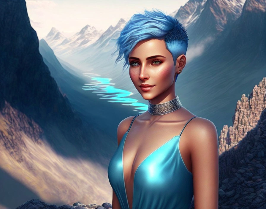 Woman with short blue hair in blue dress against mountainous landscape.