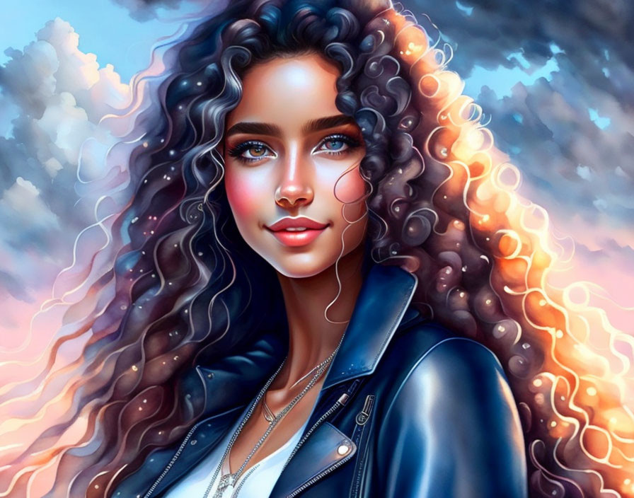 Digital artwork: Woman with curly hair, blue eyes, leather jacket, colorful cloud backdrop