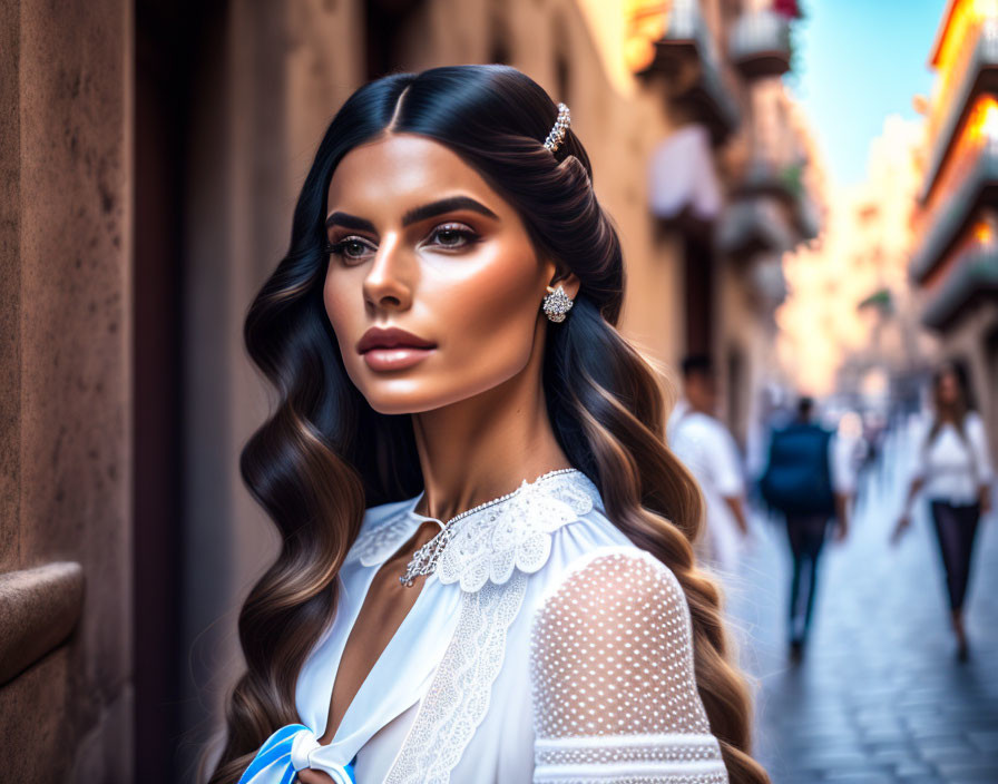 Styled woman in white blouse and elegant makeup on city street