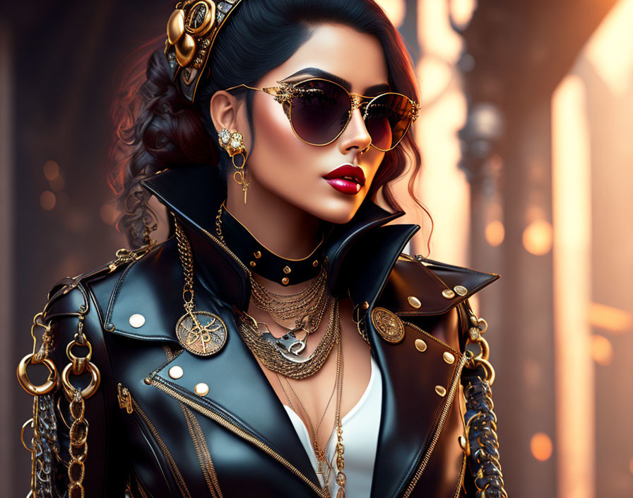 Fashionable Woman in Sunglasses with Gold Jewelry and Leather Jacket