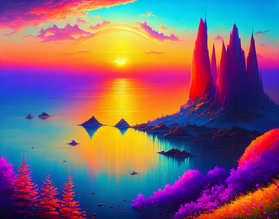 Colorful sunset landscape with purple mountains and calm lake