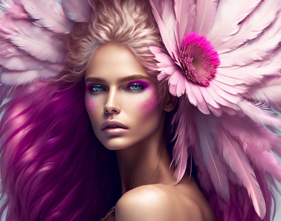 Vivid Pink Hair Woman with Purple Eye Makeup and Pink Flower