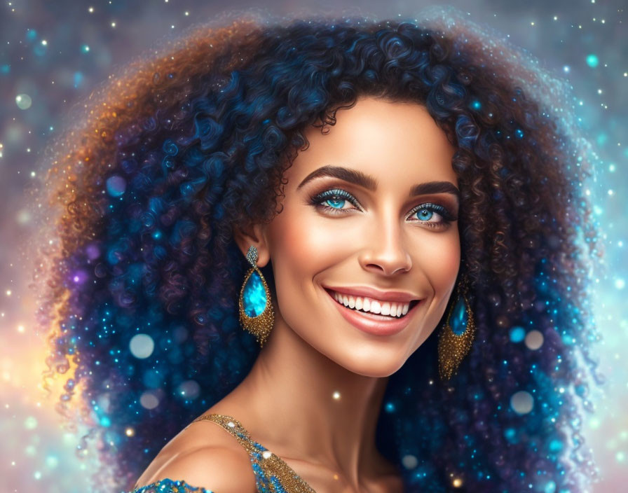 Vibrant digital portrait: Woman with curly blue hair and cosmic backdrop