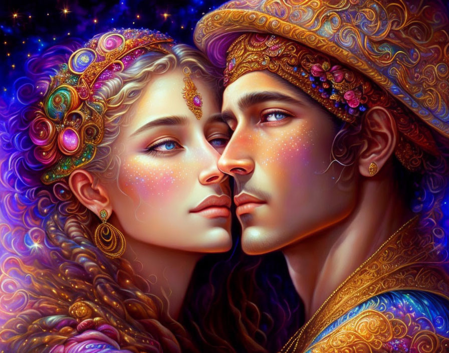 Regal couple with golden headpieces in starry night setting