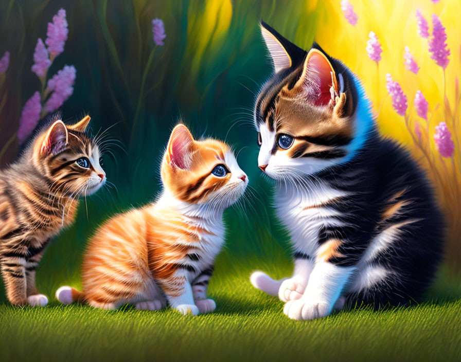 Three kittens in lush garden with bright flowers, two making eye contact