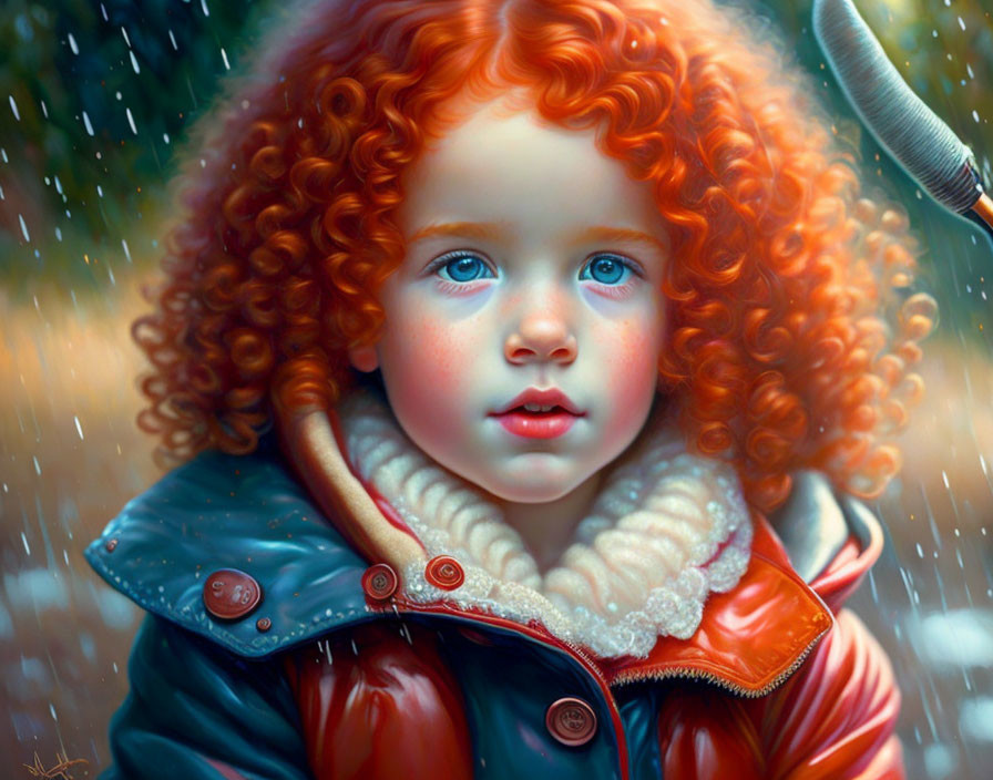 Child with Curly Red Hair in Red Coat Snowy Scene