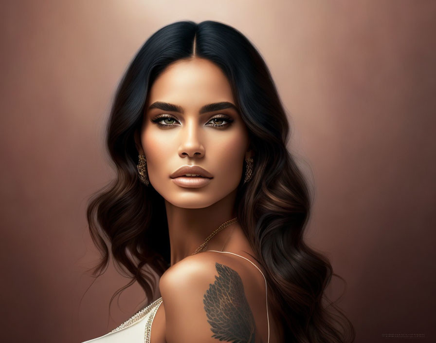 Detailed illustration of woman with long wavy hair, blue eyes, full lips, and feather tattoo.