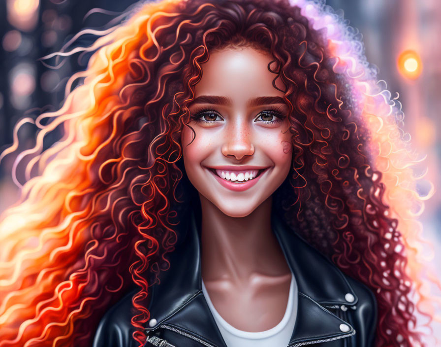 Vibrant digital portrait of young woman with curly red hair in leather jacket