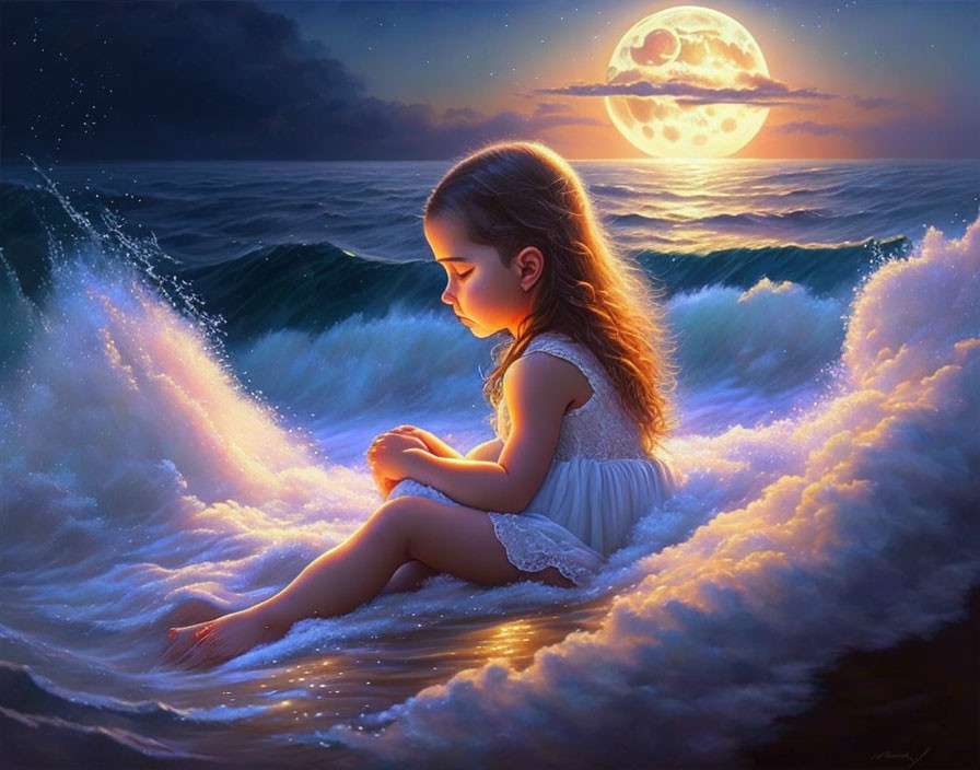 Young girl sitting on wave under moonlit sky in ethereal seascape