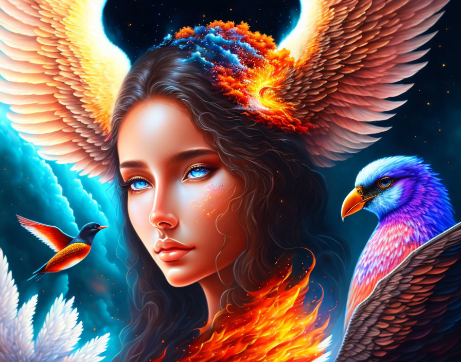 Vibrant digital artwork: Woman with orange hair and blue eyes, phoenix wing, colorful bird,