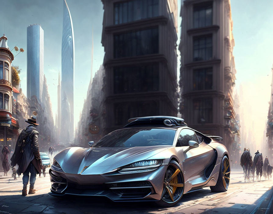 Pedestrians, sports car, classic & modern architecture in futuristic city street