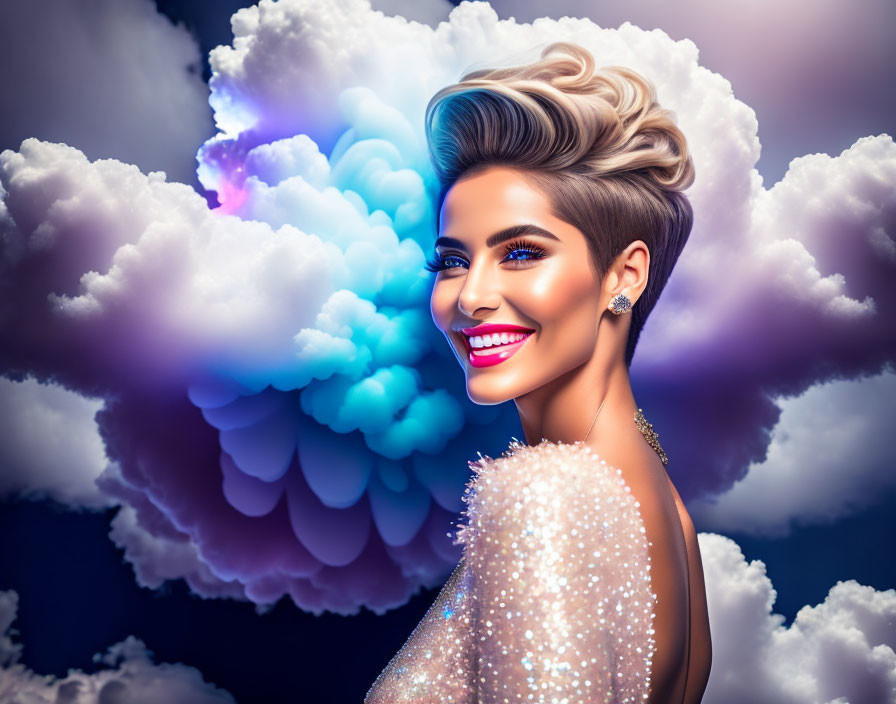 Colorful illustration: Smiling woman with stylish updo in sparkly attire surrounded by clouds on blue