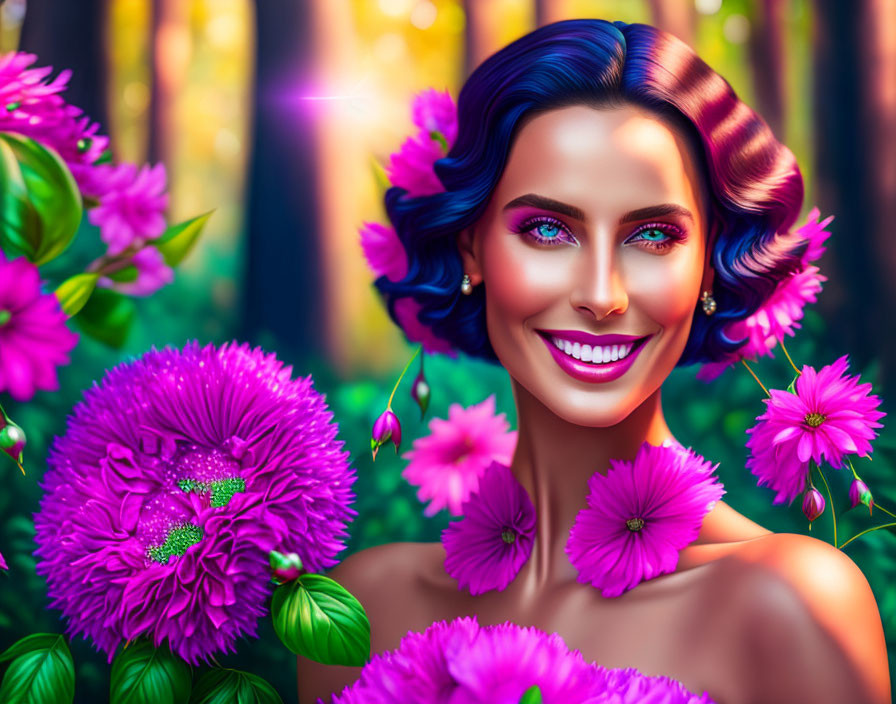 Colorful illustration: Smiling woman with blue hair in enchanted forest