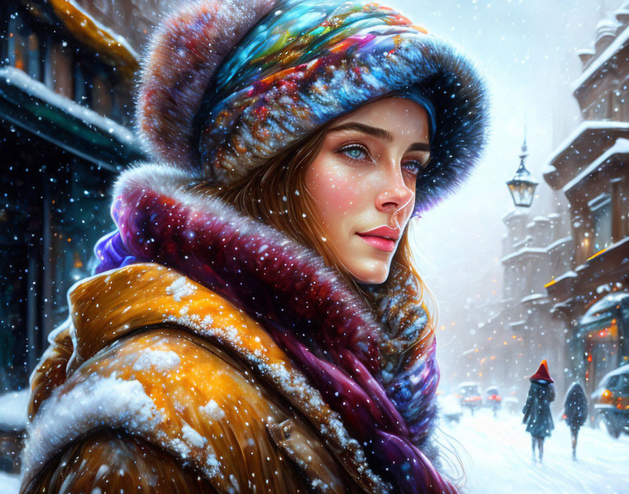 Woman in Winter Clothing with Colorful Hat and Scarf in Snowy Street Scene