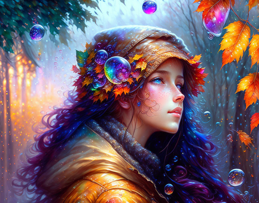 Digital art portrait of woman with autumn leaves in hair, colorful bubbles, mystical forest background