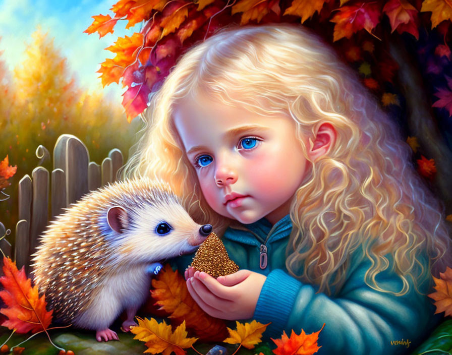 Young girl with blonde hair holding a hedgehog in autumn scene