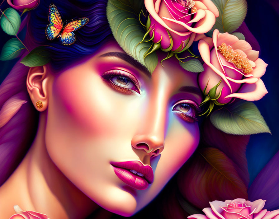 Colorful digital portrait of a woman with floral wreath and butterfly symbolizing mystical beauty