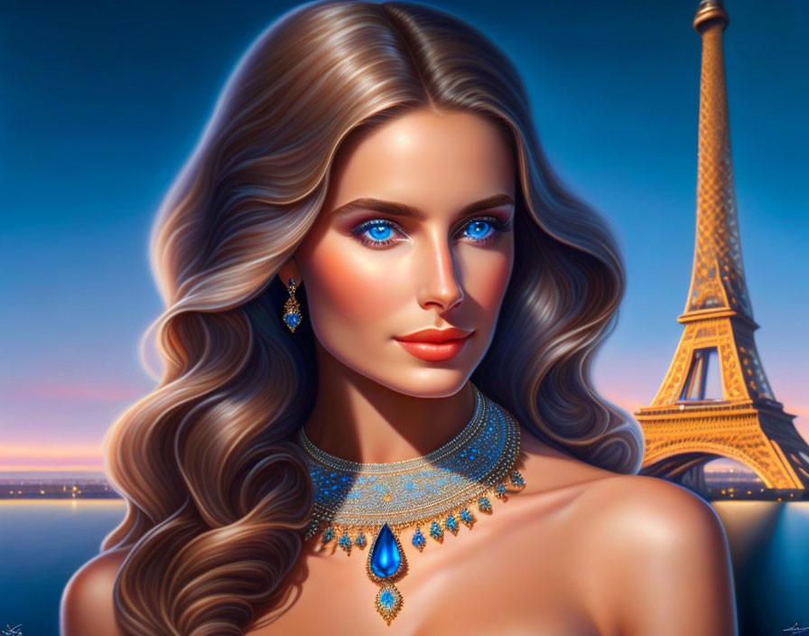 Digital artwork of woman with flowing hair and elegant jewelry, Eiffel Tower at twilight.