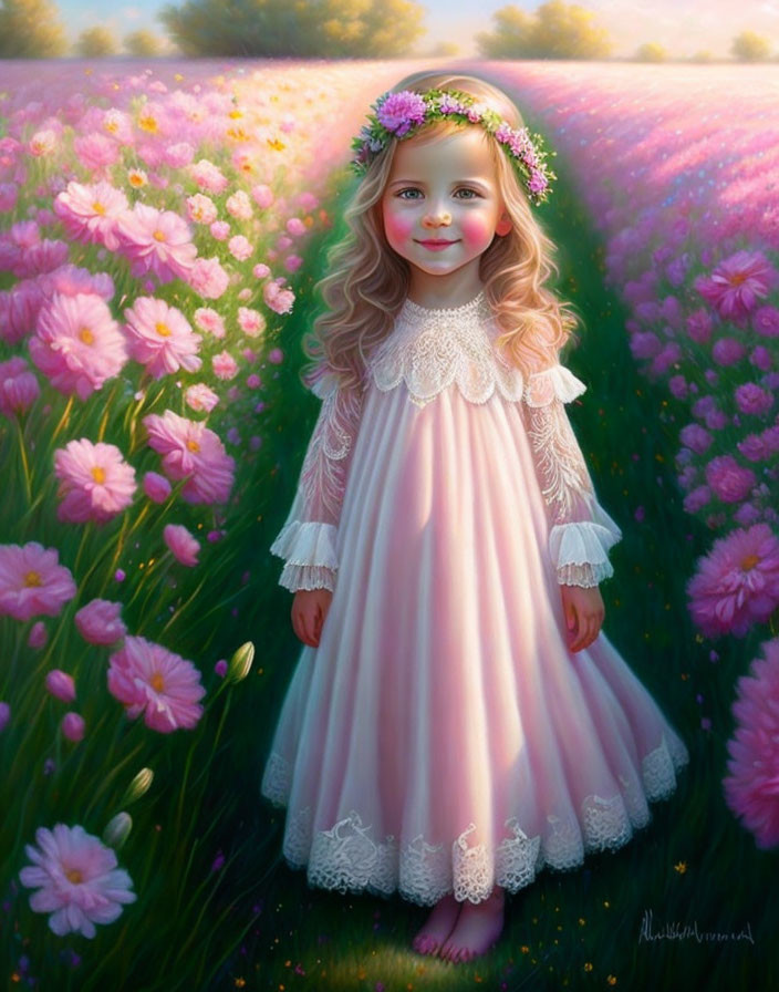 Young girl in pink dress amid lush pink flowers and warm light