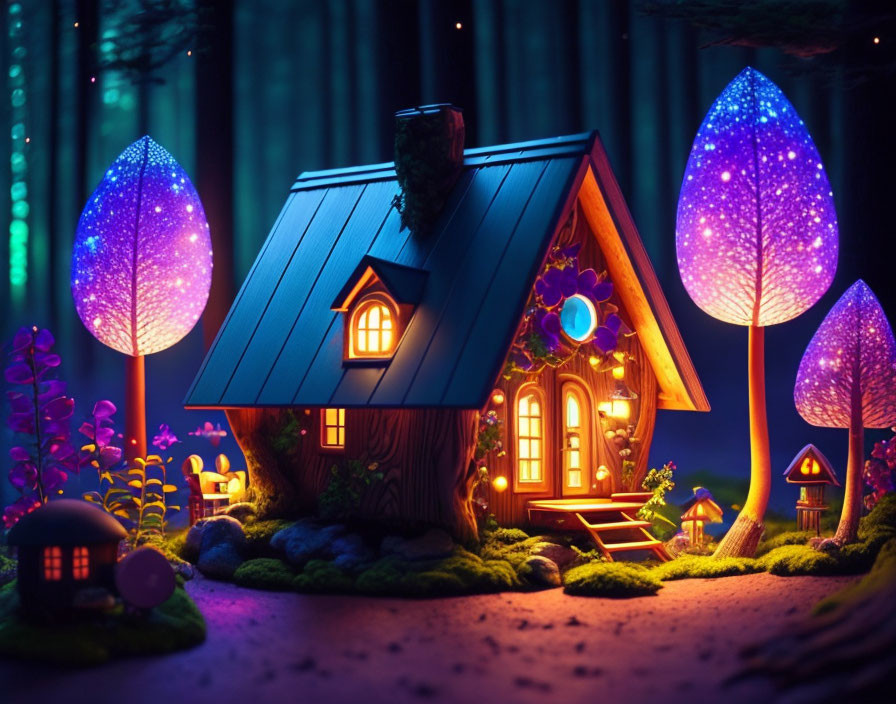 Cozy cottage in magical forest with glowing windows