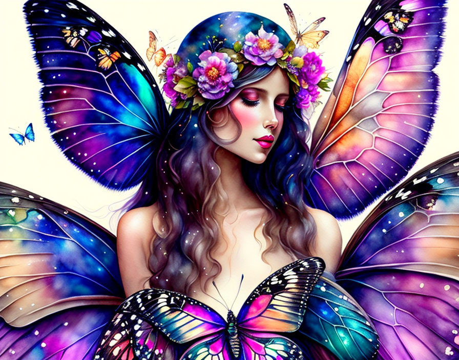 Fantasy illustration of woman with multicolored butterfly wings and flowers