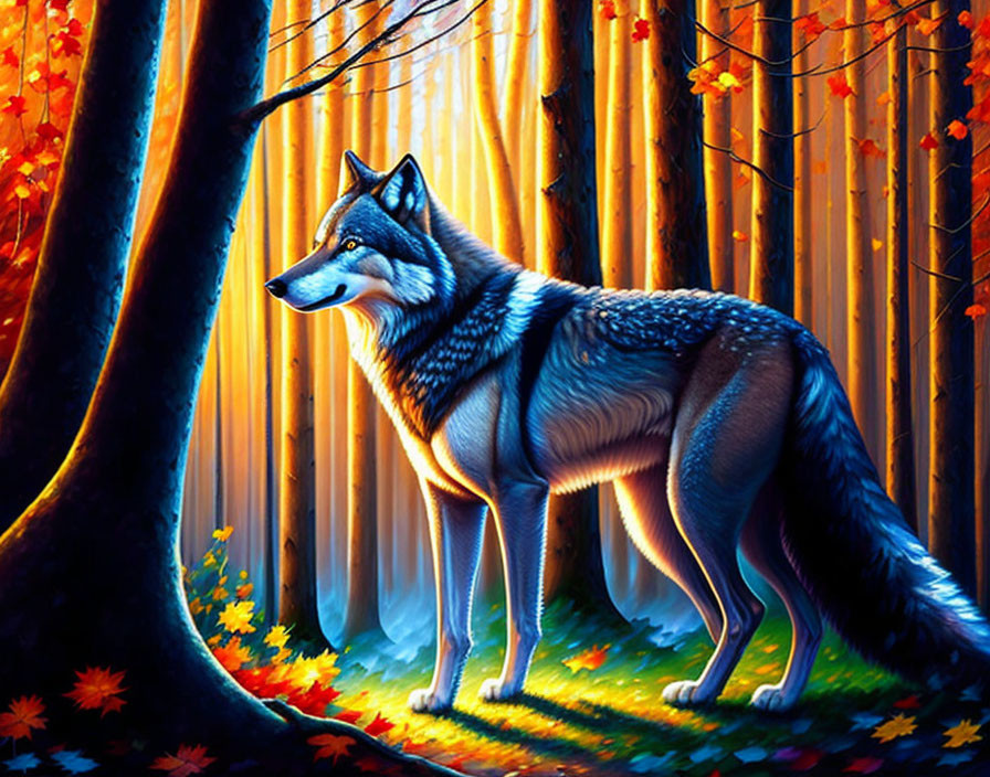 Colorful Forest Scene: Wolf in Vibrant Setting with Sunlight Filtering Through Trees