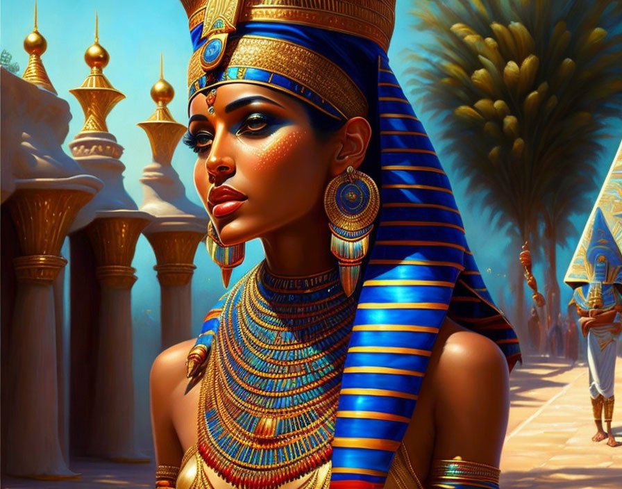 Ancient Egyptian woman with traditional attire against palm trees