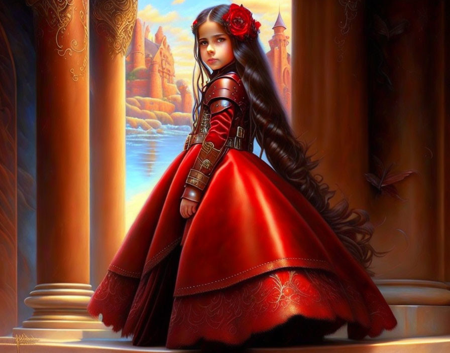 Young girl in red gown with flower in hair against fantasy castle backdrop