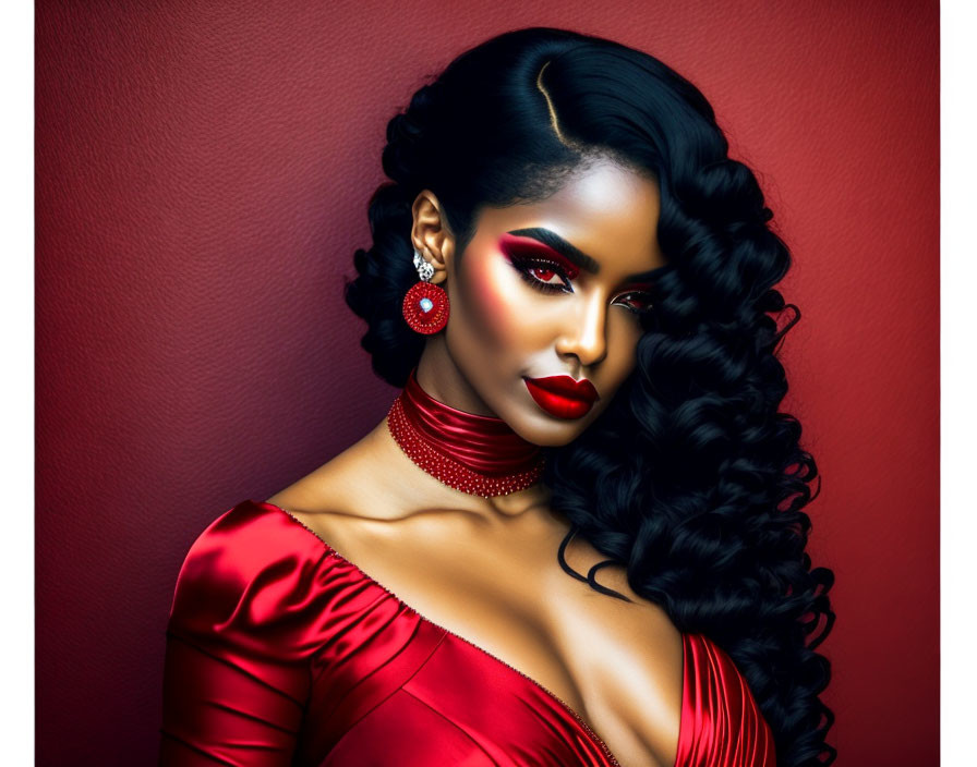 Woman with glamorous makeup and wavy hair in red dress and accessories on red background