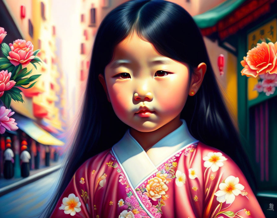 Digital painting: Young girl in pink dress on vibrant floral street