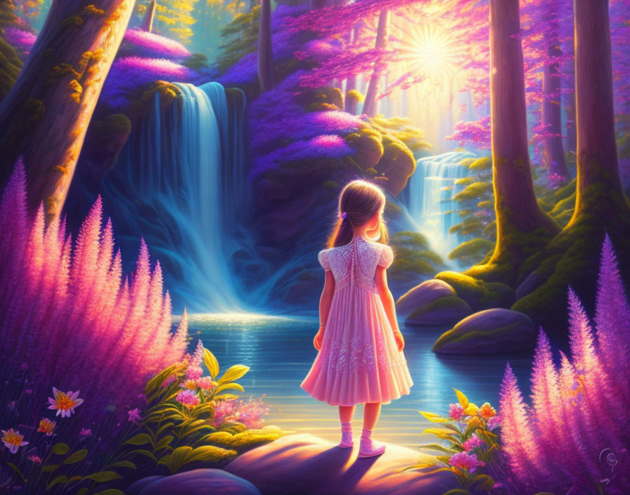 Young girl in pink dress by serene pond and majestic waterfall in vibrant forest