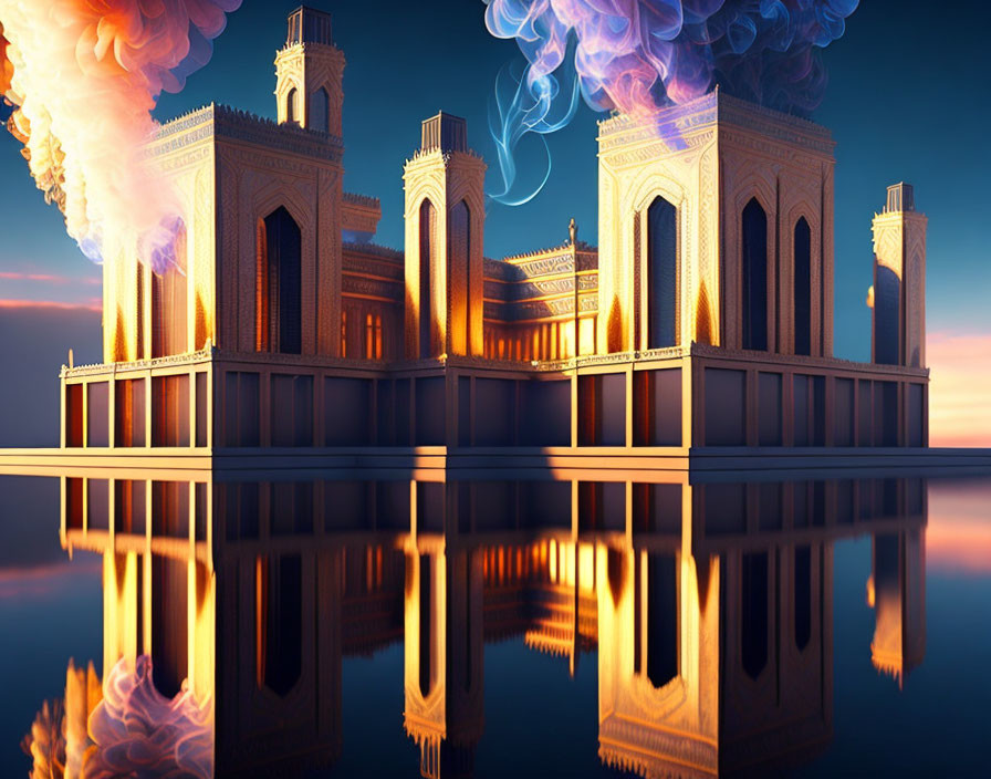 Ornate tower palace emitting colorful smoke reflected in tranquil waters