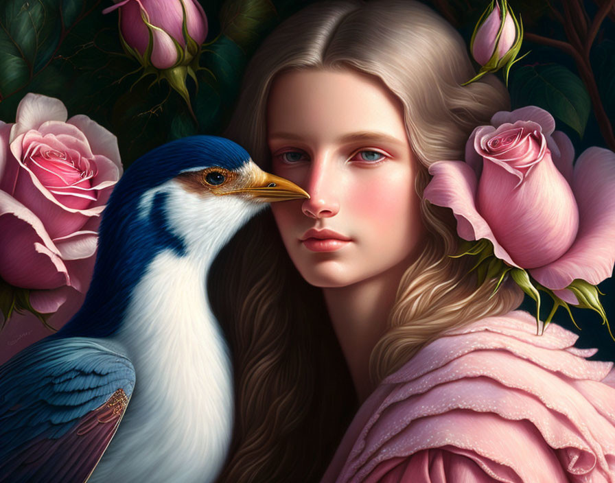 Blonde woman with blue jay among pink roses portrait