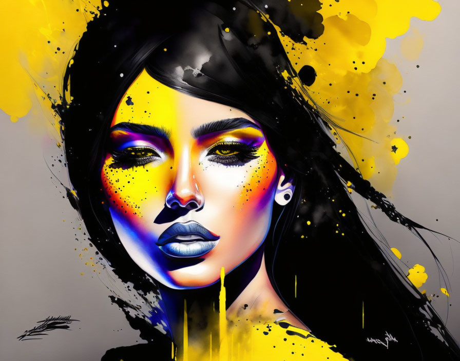 Vibrant modern art portrait of a woman in yellow and blue hues