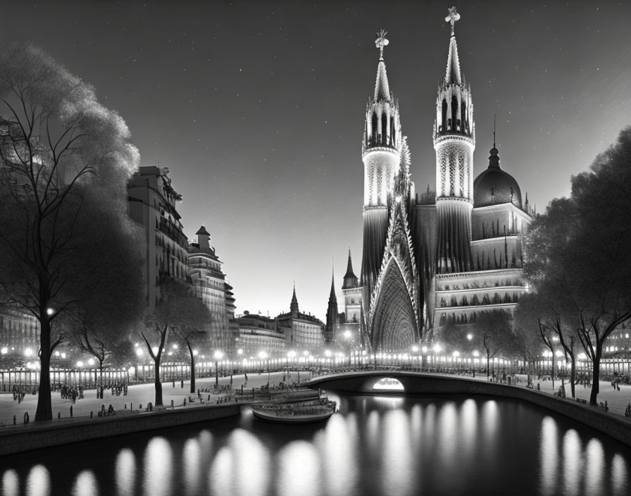 Night cityscape with cathedral, bridge, trees, and people along river promenade