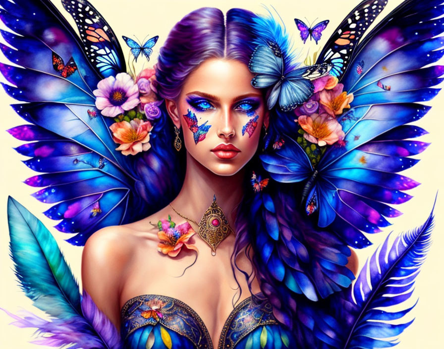 Colorful artwork: Woman with blue butterfly wings and floral details