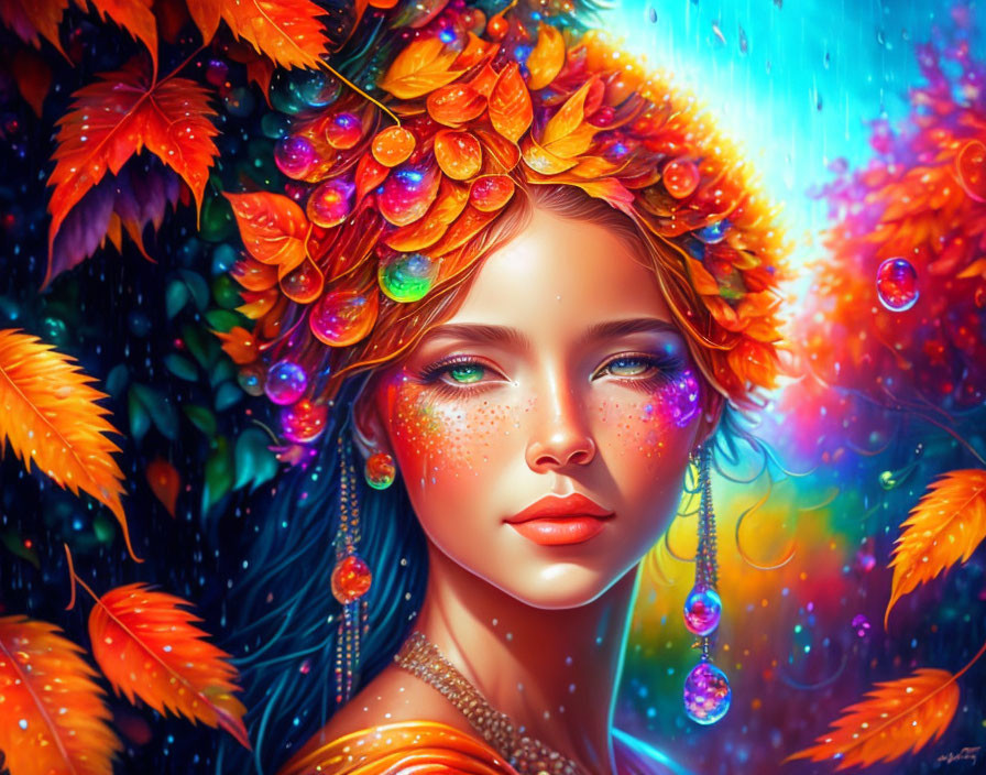 Colorful artwork: Woman with autumn leaves, jewel-toned raindrops, radiant background