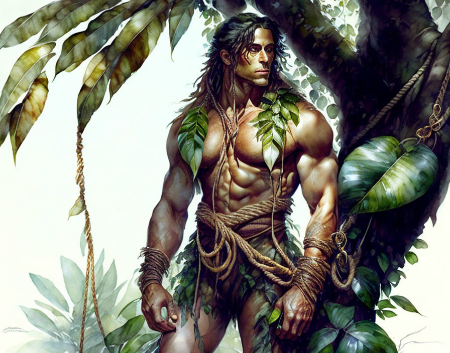 Muscular man with long hair in jungle setting, wearing minimal clothing, adorned with ropes surrounded by lush