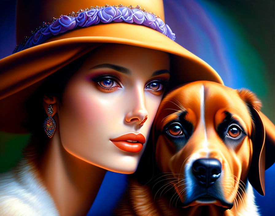 Stylized artwork of woman with makeup and hat beside dog